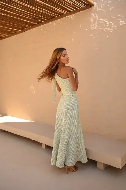 VESTIDO LONGUETE PRISCILA LINEN BORDADO LISTRAS - VERDE PISTACHA