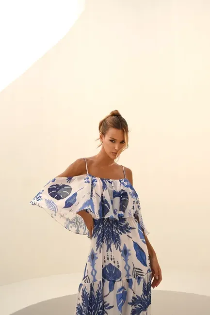 VESTIDO BEATRICE LONGO CIGANINHA ESTAMPADO - AZUL