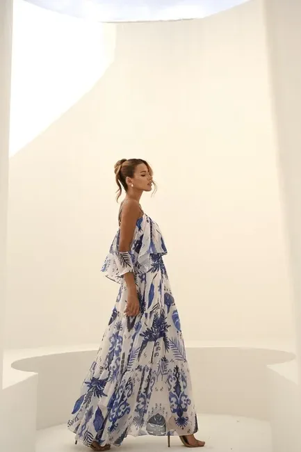 VESTIDO BEATRICE LONGO CIGANINHA ESTAMPADO - AZUL