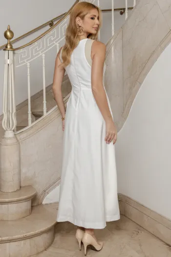 VESTIDO GABRIELA MIDI DETALHE PESPONTADO CAVADO - OFF WHITE/CREME