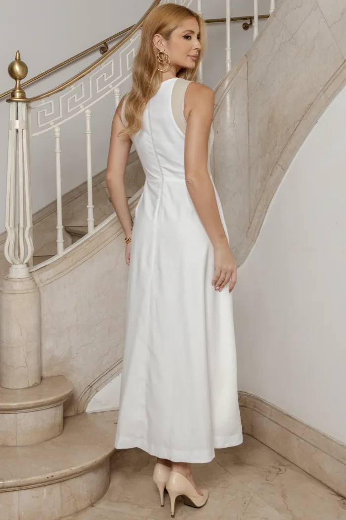 VESTIDO GABRIELA MIDI DETALHE PESPONTADO CAVADO - OFF WHITE/CREME