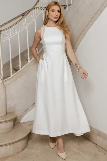 VESTIDO GABRIELA MIDI DETALHE PESPONTADO CAVADO - OFF WHITE/CREME