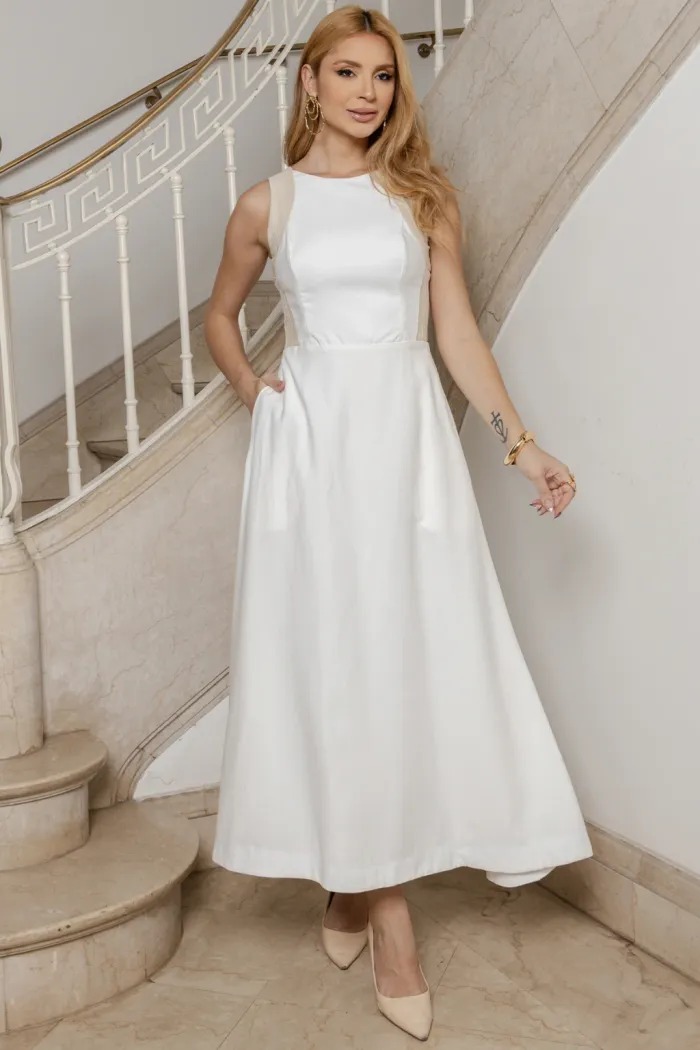 VESTIDO GABRIELA MIDI DETALHE PESPONTADO CAVADO - OFF WHITE/CREME
