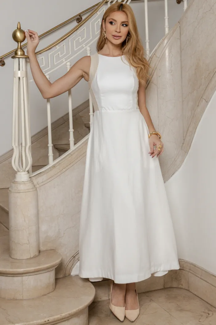 VESTIDO GABRIELA MIDI DETALHE PESPONTADO CAVADO - OFF WHITE/CREME