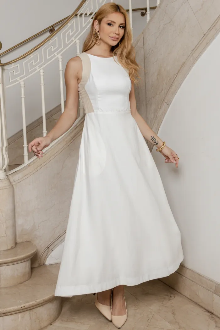VESTIDO GABRIELA MIDI DETALHE PESPONTADO CAVADO - OFF WHITE/CREME