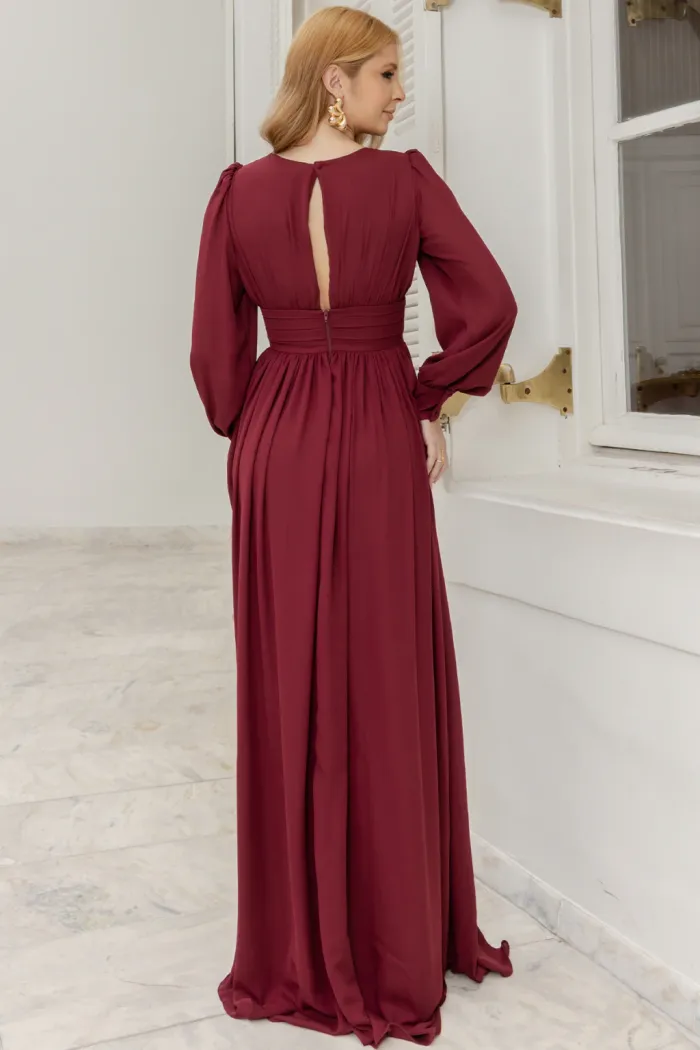 VESTIDO ELISABETE MANGA LONGA CHIFFON - VINHO