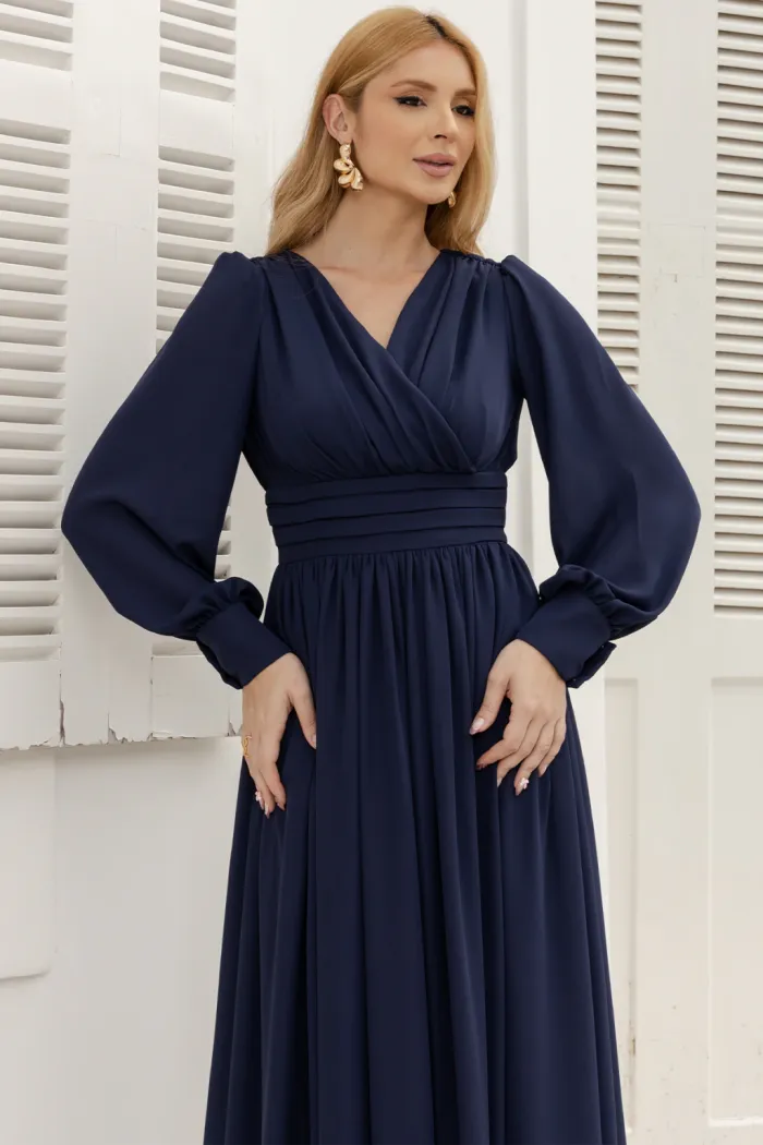 VESTIDO ELISABETE MANGA LONGA CHIFFON - AZUL MARINHO