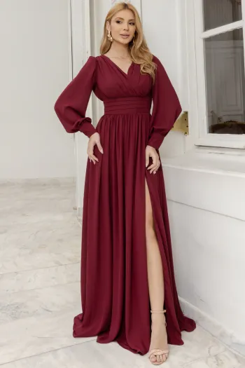 VESTIDO ELISABETE MANGA LONGA CHIFFON - VINHO