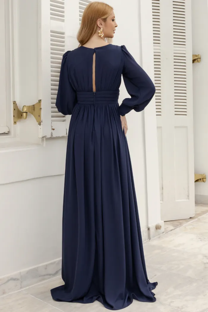 VESTIDO ELISABETE MANGA LONGA CHIFFON - AZUL MARINHO