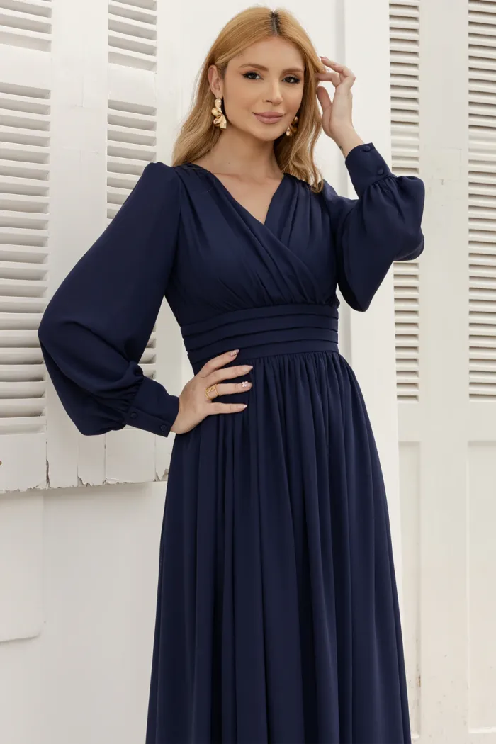 VESTIDO ELISABETE MANGA LONGA CHIFFON - AZUL MARINHO