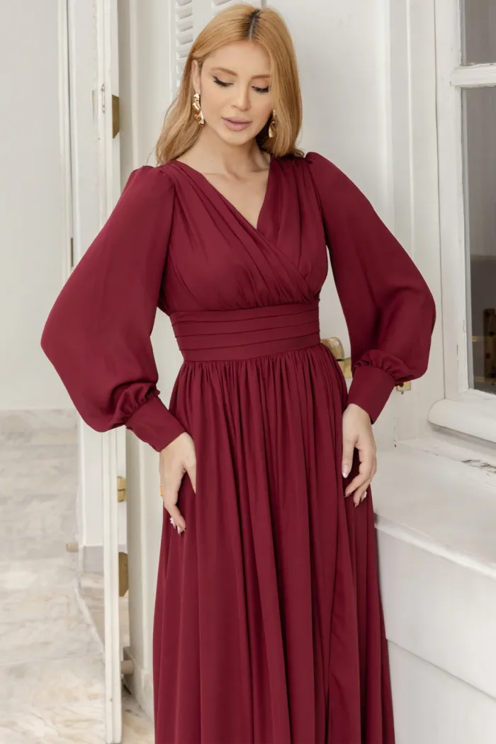 VESTIDO ELISABETE MANGA LONGA CHIFFON - VINHO