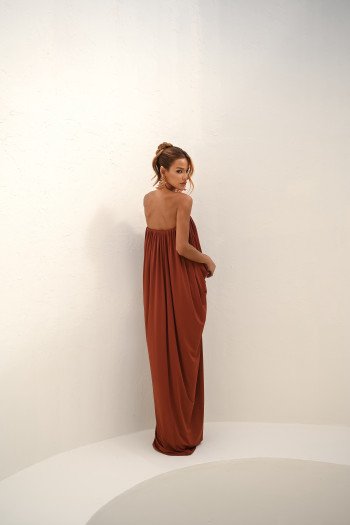 VESTIDO JUJU LONGO BLUSÊ DRAPEADO - TERRACOTA
