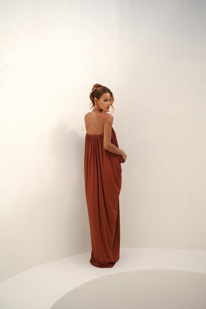 VESTIDO JUJU LONGO BLUSÊ DRAPEADO - TERRACOTA