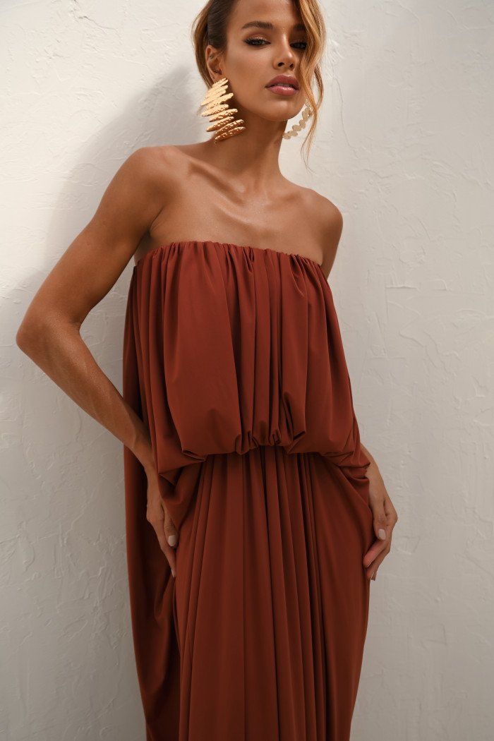 VESTIDO JUJU LONGO BLUSÊ DRAPEADO - TERRACOTA