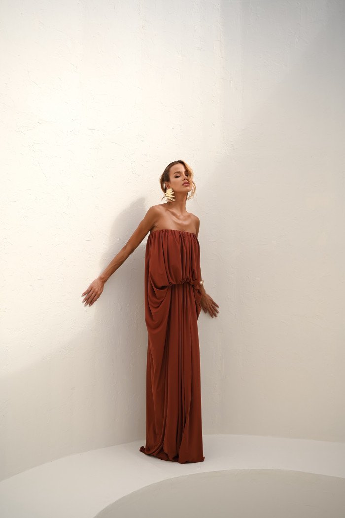 VESTIDO JUJU LONGO BLUSÊ DRAPEADO - TERRACOTA