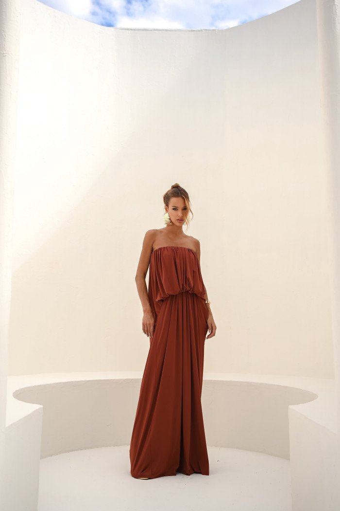 VESTIDO JUJU LONGO BLUSÊ DRAPEADO - TERRACOTA