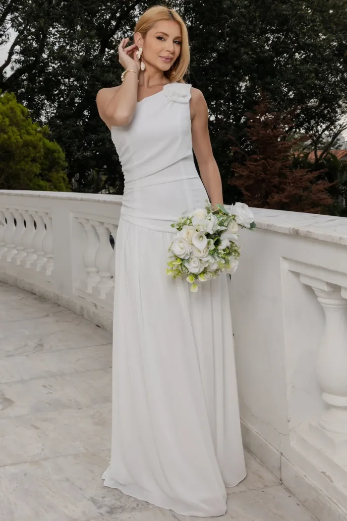VESTIDO LONGO ROMANA UM OMBRO COM FLOR - OFF WHITE
