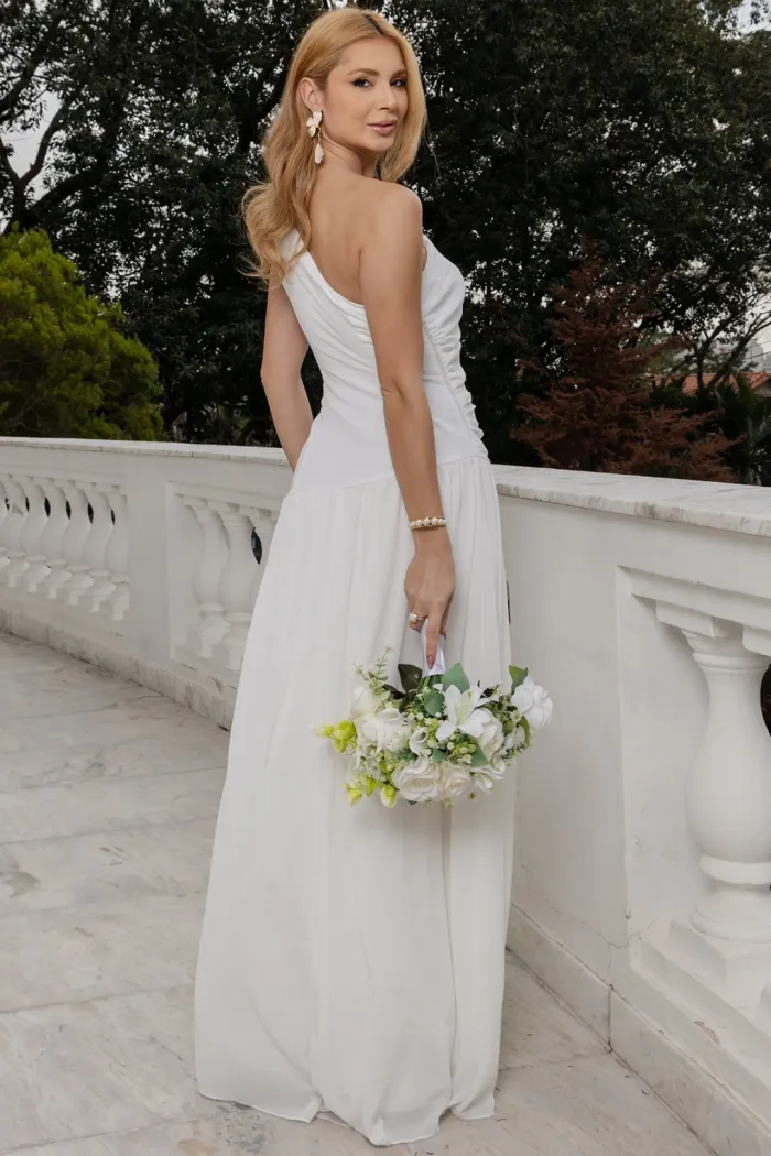 VESTIDO LONGO ROMANA UM OMBRO COM FLOR - OFF WHITE