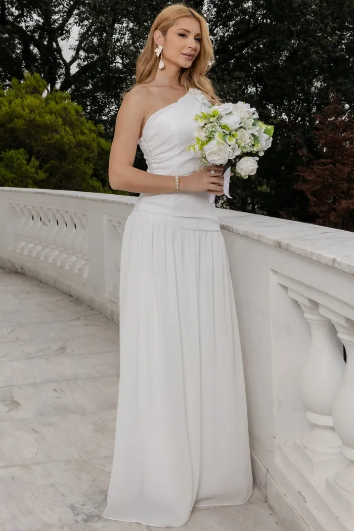 VESTIDO LONGO ROMANA UM OMBRO COM FLOR - OFF WHITE