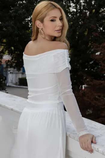 BLUSA LIZ TULE MANGA LONGA OMBRO A OMBRO - OFF WHITE