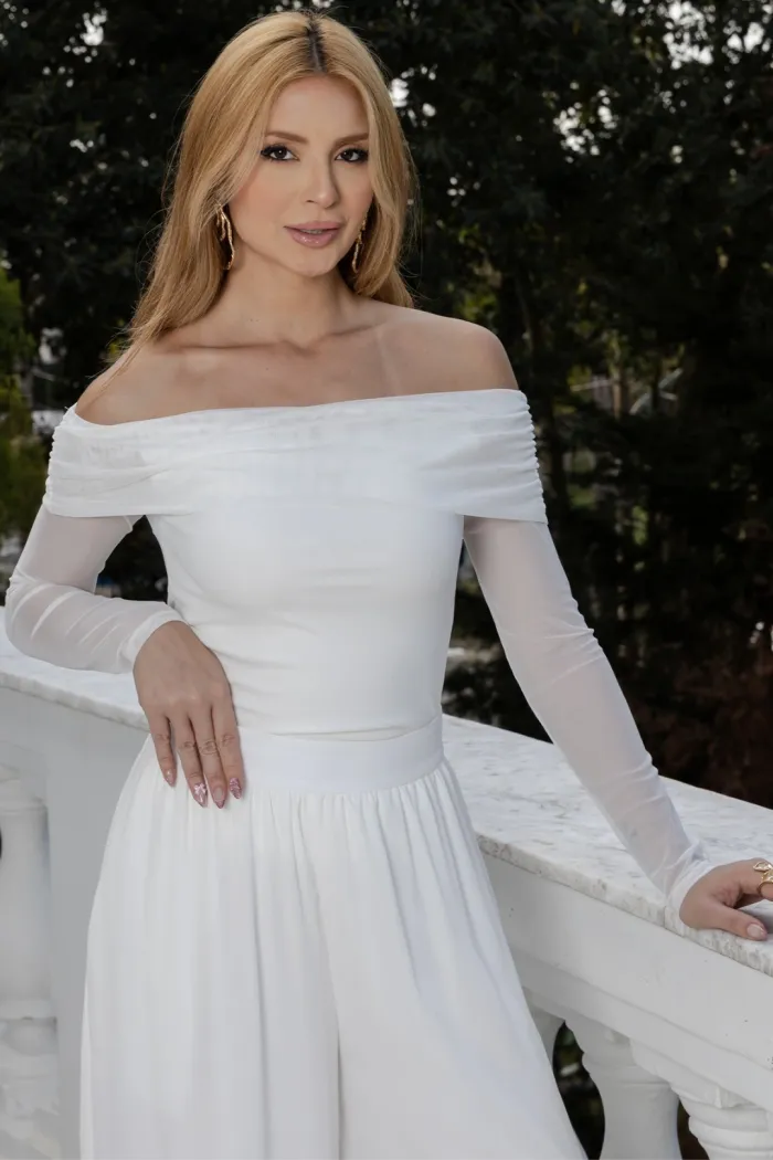 BLUSA LIZ TULE MANGA LONGA OMBRO A OMBRO - OFF WHITE