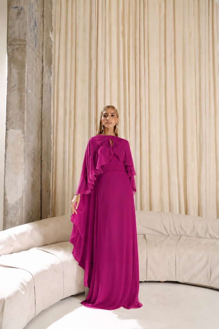 VESTIDO ANTONIETA LONGO CHIFFON CAPA BABADOS - FÚCSIA