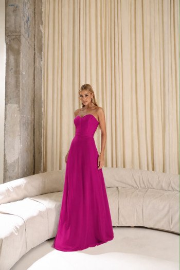 VESTIDO ANTONIETA LONGO CHIFFON CAPA BABADOS - FÚCSIA