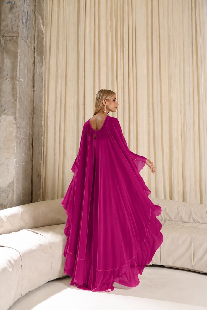 VESTIDO ANTONIETA LONGO CHIFFON CAPA BABADOS - FÚCSIA