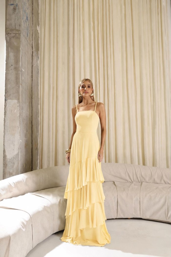 VESTIDO MEDELLÍN BABADOS CHOKER - AMARELO MANTEIGA