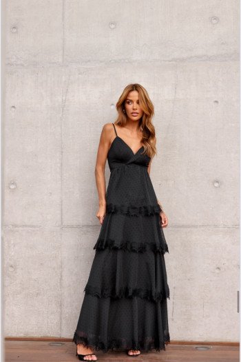 VESTIDO TOULOSE POÁ CAMADAS COM RENDA - PRETO