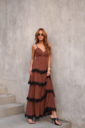 VESTIDO TOULOSE POÁ CAMADAS COM RENDA - MARROM