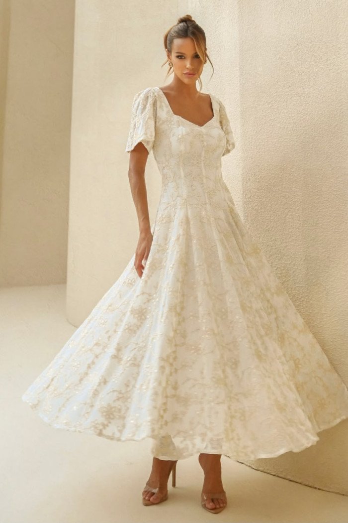 VESTIDO FLORENZA LONGUETE BORDADO - NATURAL