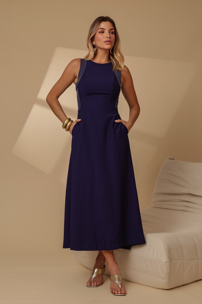 VESTIDO GABRIELA MIDI DETALHE PESPONTADO CAVADO - AZUL