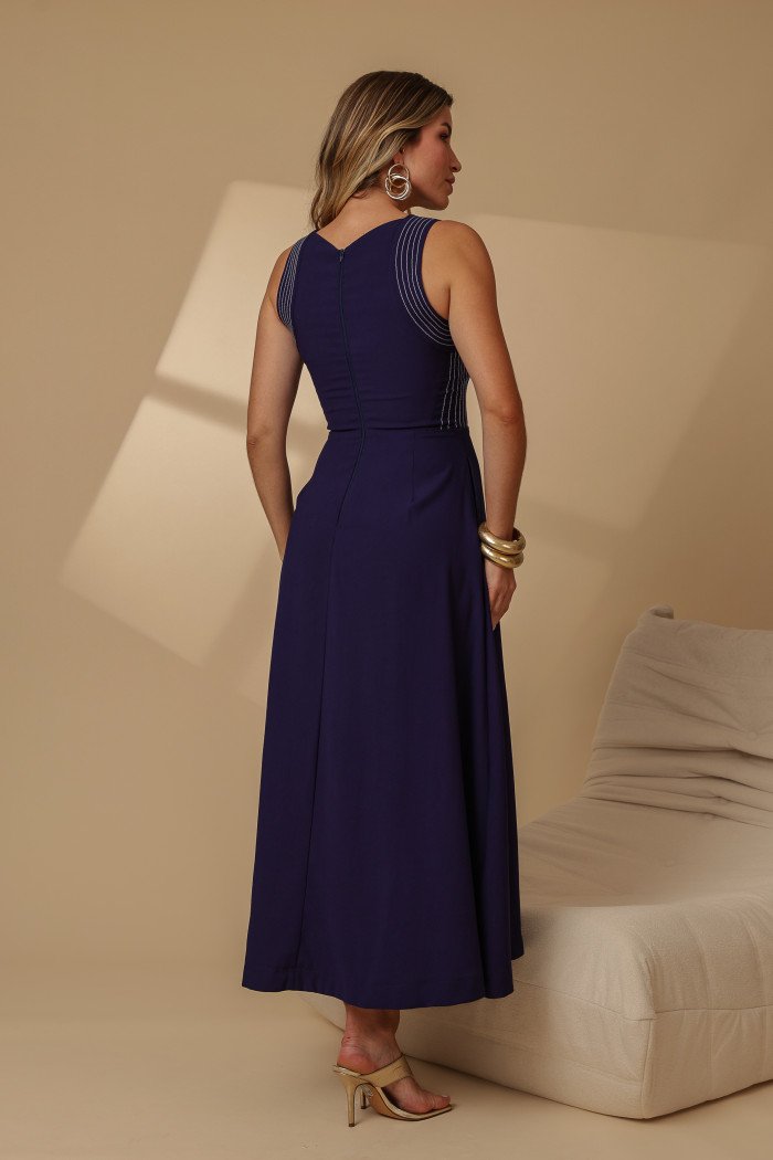 VESTIDO GABRIELA MIDI DETALHE PESPONTADO CAVADO - AZUL