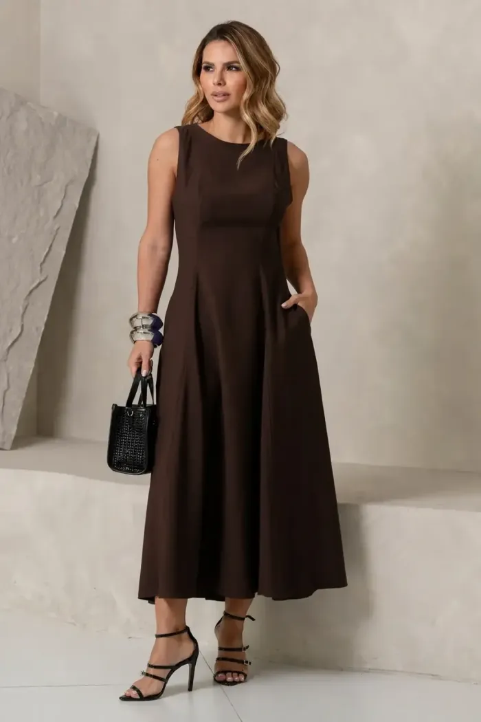 VESTIDO MADRID MIDI RODADO - MARROM