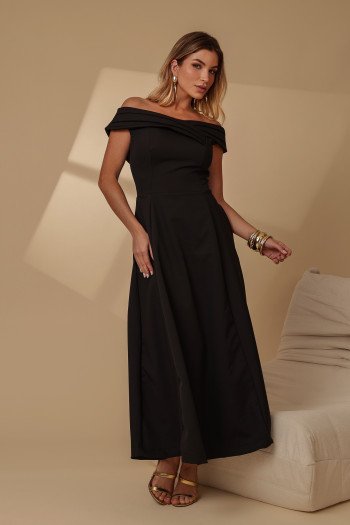 VESTIDO MIDI RODADO MIRIAM OMBRO A OMBRO - PRETO