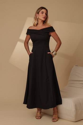 VESTIDO MIDI RODADO MIRIAM OMBRO A OMBRO - PRETO