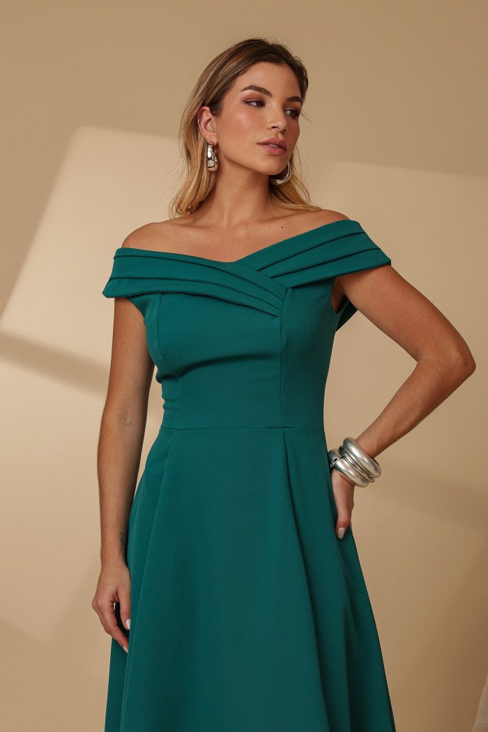 VESTIDO MIDI RODADO MIRIAM OMBRO A OMBRO - VERDE