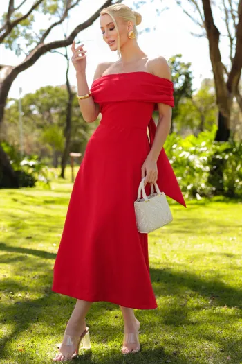 VESTIDO RAVENA MIDI OMBRO A OMBRO LAÇO NAS COSTAS - VERMELHO