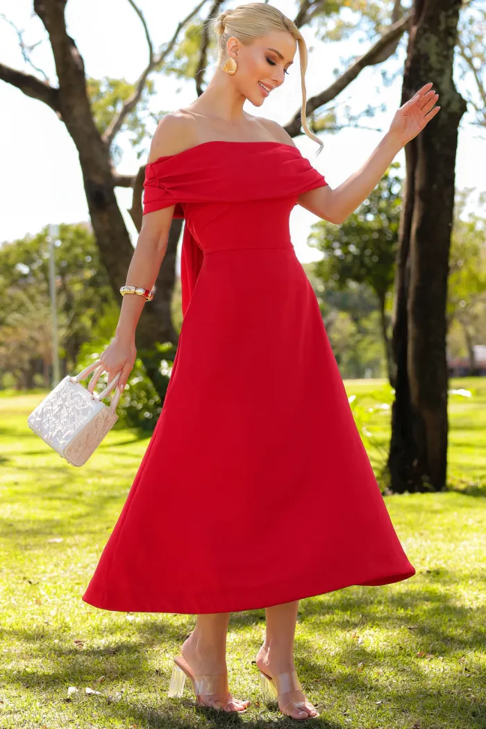 VESTIDO RAVENA MIDI OMBRO A OMBRO LAÇO NAS COSTAS - VERMELHO