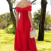 VESTIDO RAVENA MIDI OMBRO A OMBRO LAÇO NAS COSTAS - VERMELHO