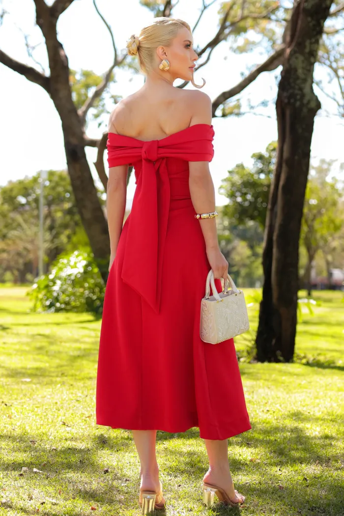 VESTIDO RAVENA MIDI OMBRO A OMBRO LAÇO NAS COSTAS - VERMELHO
