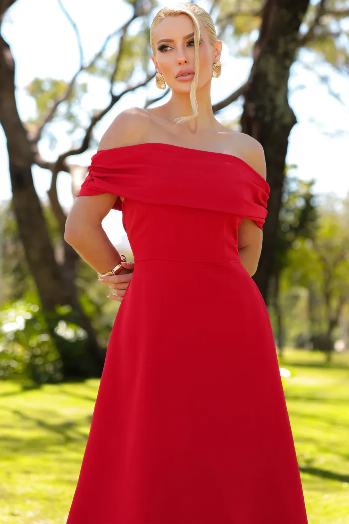VESTIDO RAVENA MIDI OMBRO A OMBRO LAÇO NAS COSTAS - VERMELHO