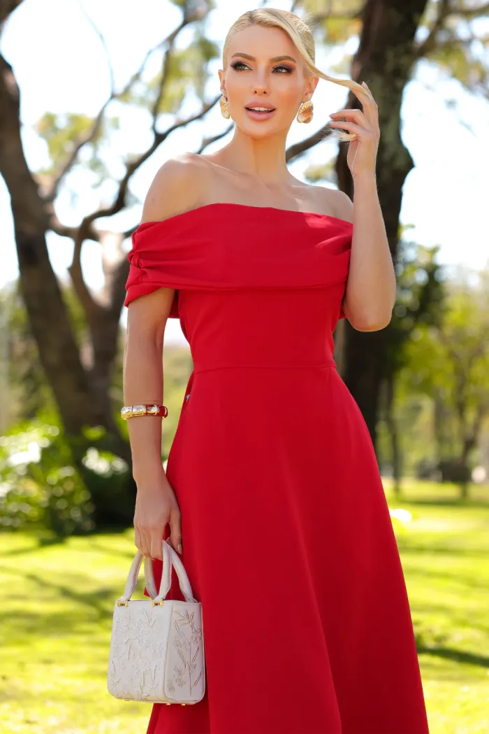 VESTIDO RAVENA MIDI OMBRO A OMBRO LAÇO NAS COSTAS - VERMELHO
