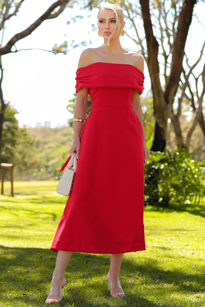 VESTIDO RAVENA MIDI OMBRO A OMBRO LAÇO NAS COSTAS - VERMELHO