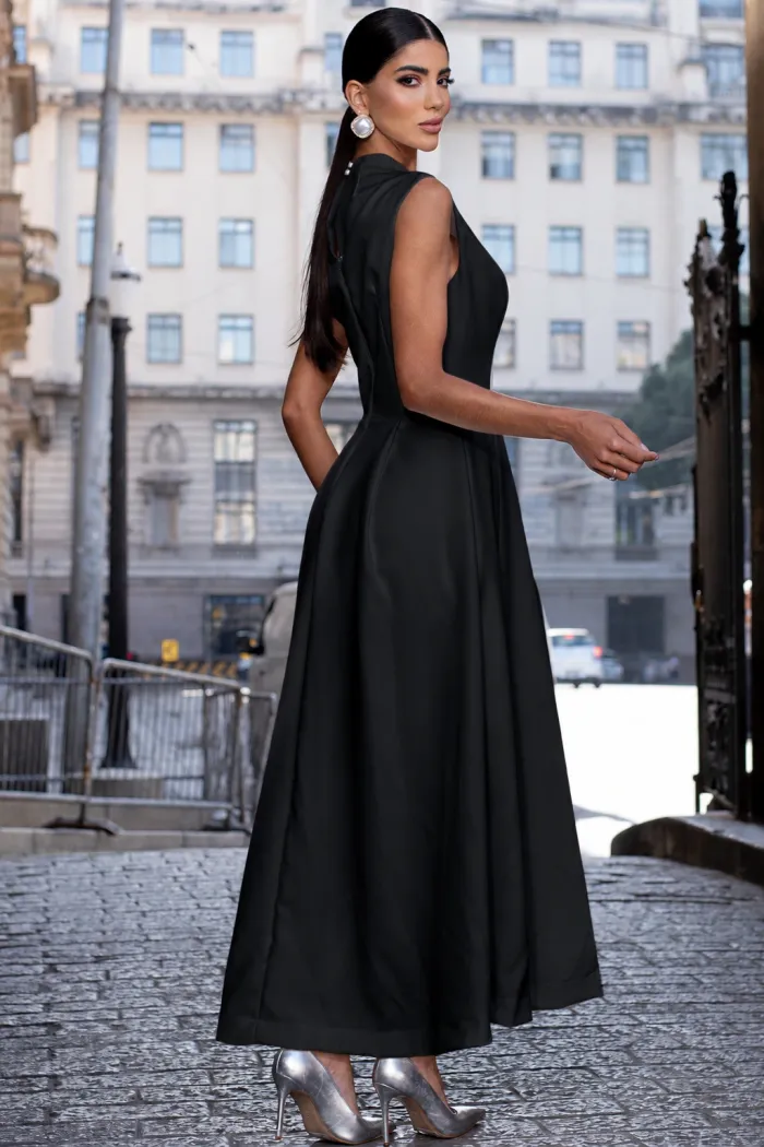 VESTIDO SASHA MIDI DECOTE TRANSPASSADO - PRETO