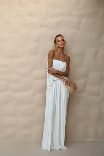 VESTIDO JUJU LONGO BLUSÊ DRAPEADO - BRANCO
