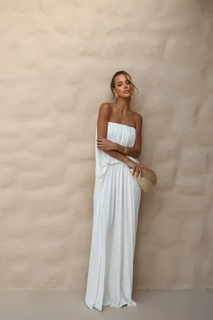 VESTIDO JUJU LONGO BLUSÊ DRAPEADO - BRANCO