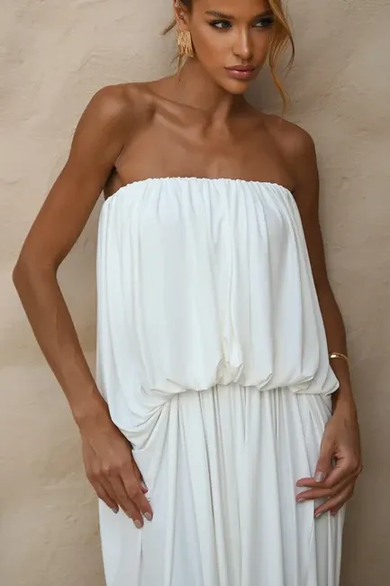 VESTIDO JUJU LONGO BLUSÊ DRAPEADO - BRANCO