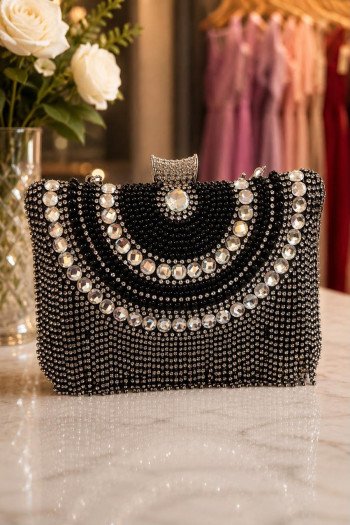 BOLSA VENEZA CRISTAIS E PÉROLAS FRANJA - PRETO/PRATA